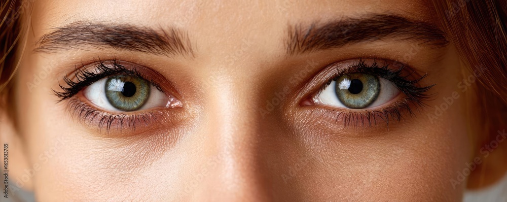 Naklejka premium Puffy eyelids with swollen circles concept. Close-up of expressive green eyes with natural beauty and charm.