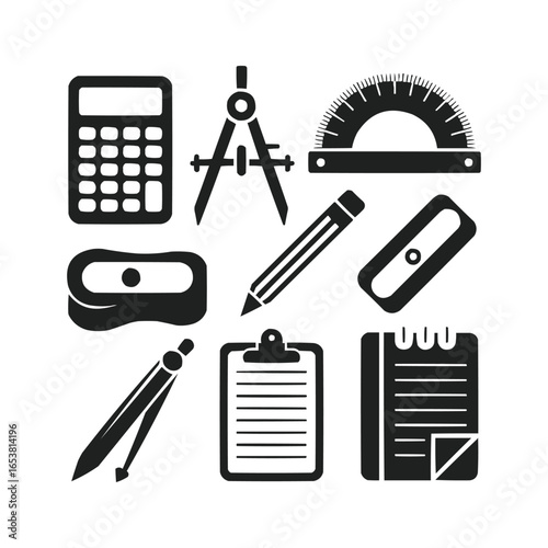 Black and white icons calculator, compass, protractor, pencil, sharpener, notepad, clipboard, geometric, educational, minimalist design.