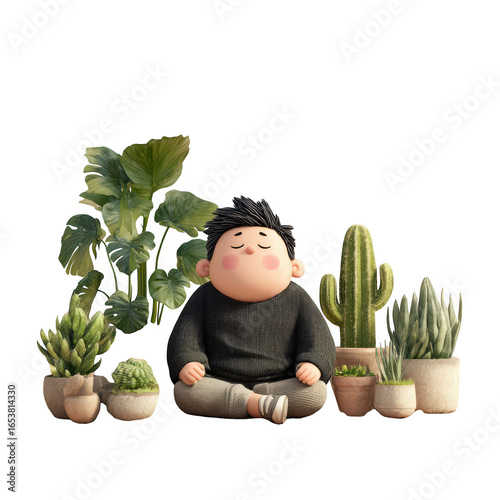 Cute cartoon boy meditating peacefully surrounded by various potted plants and succulents, isolated on transparent background