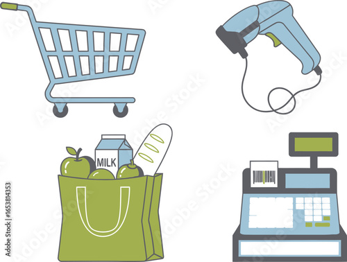 Grocery shopping essentials: cart, scanner, bag, and cash register.