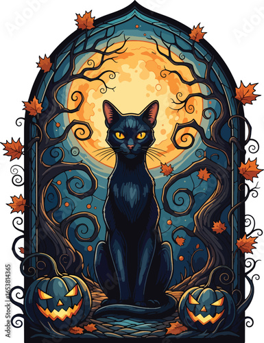 Halloween Black Cat with Pumpkins and Full Moon - Gothic Window Illustration
