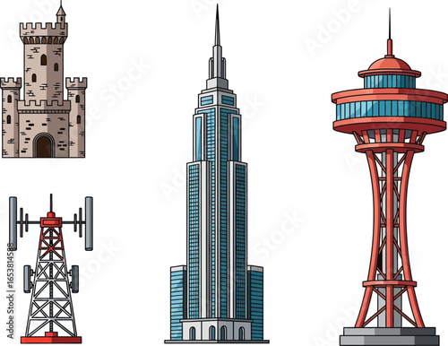 Four diverse architectural structures: a medieval castle, a modern skyscraper, an observation tower, and a communication tower.