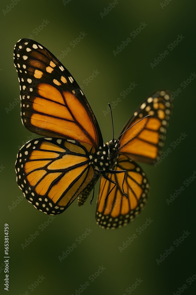 Fototapeta premium A vibrant monarch butterfly with striking orange and black wings delicately rests on a colorful flower in a summer garden