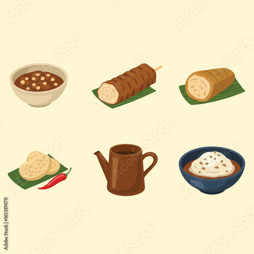 Assorted Indonesian street food illustrations: savory snacks and sweet desserts.