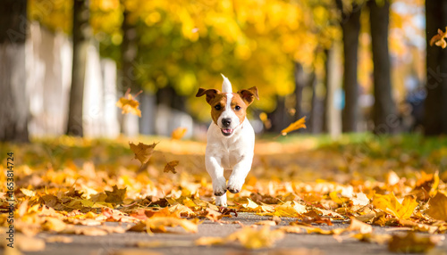 Energetic Jack Russell Terrier Dog Running Through Golden Autumn Leaves in a Park