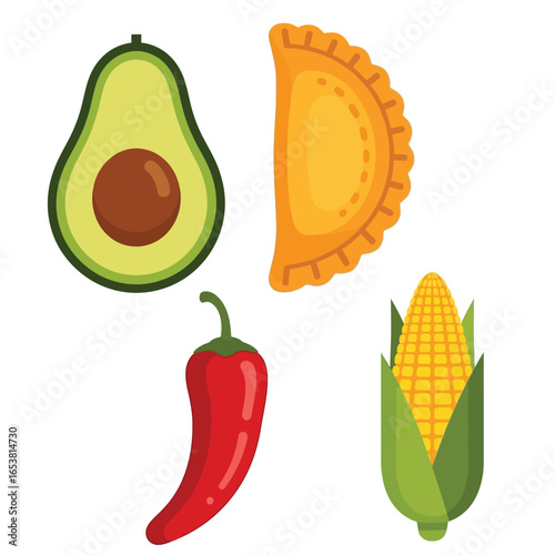 Vibrant illustration of avocado, empanada, chili pepper, and corn on the cob.