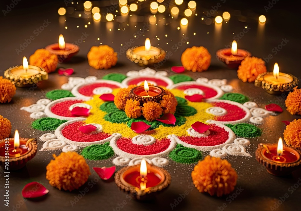 Naklejka premium Photo of festive diwali rangoli with diya candles and marigold flowers, creating a vibrant and spiritual atmosphere for the indian celebration