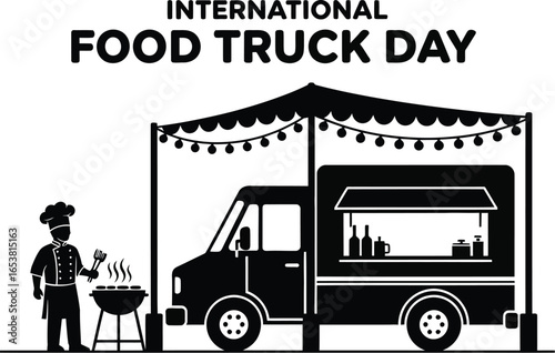 International food truck day illustration of a mobile restaurant with chef cooking meal for street food festival