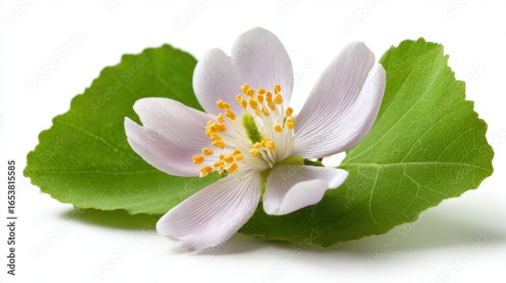 Obraz premium A stunning white flower showcases its soft petals and bright yellow stamens, set against rich green leaves, creating a peaceful and serene natural setting.