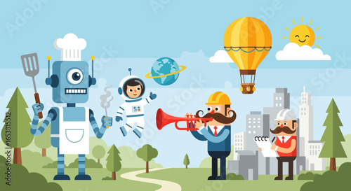Cartoon Robot Chef, Astronaut, Musicians, and Construction Workers in a Cityscape