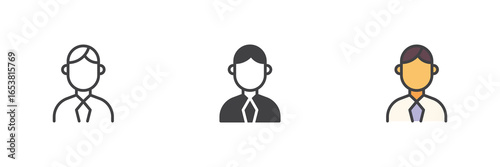 Business person avatar icon set in line, solid and filled outline style
