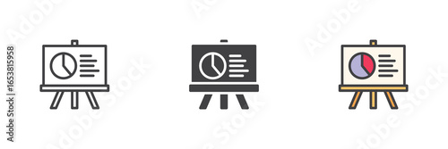 Pie chart presentation board icon set in line, solid and filled outline style