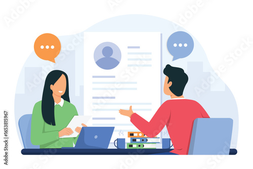 Job interview concept. HR Manager interviews candidate for vacancy. Headhunting and recruitment. Company hiring employee. Business meeting and conversation.  Vector illustration.