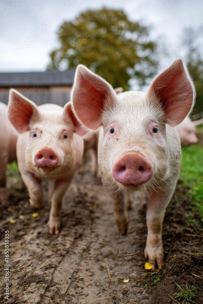 Fototapeta premium Happy pigs living on organic ecological farm 