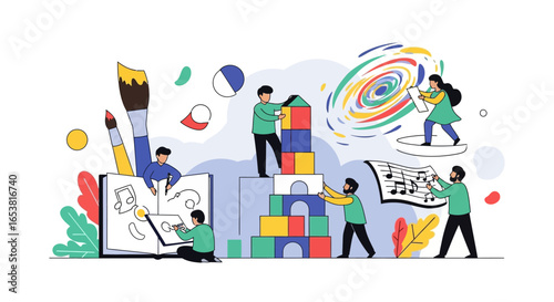 Creative Collaboration Depicted with Art, Music, and Building Blocks