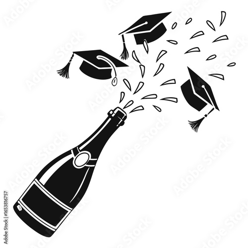 Graduation celebration with champagne bottle and mortarboards isolated on white background