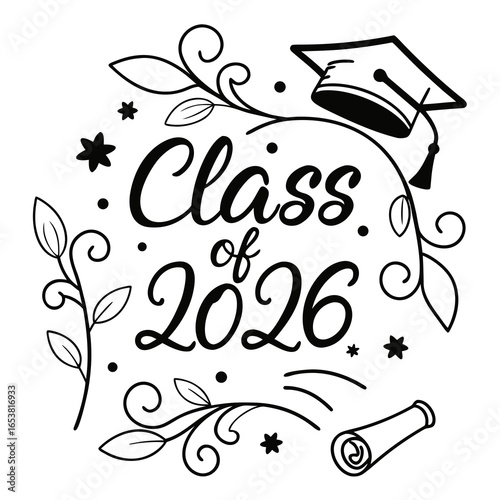 Class of 2026 graduation design with cap, diploma and floral elements