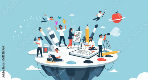 Creative Community on Floating Island with Artistic Tools and Apple Planet.