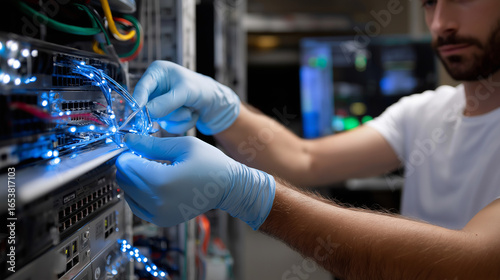Technician in anti-static gloves working in illuminated equipment rack