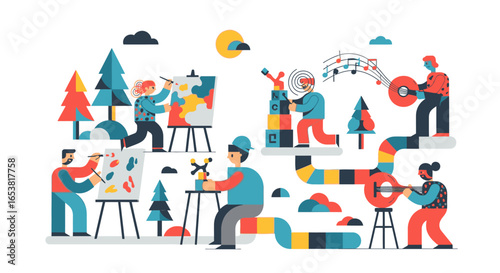 Creative People Engaging in Art, Science, and Music with Abstract Elements