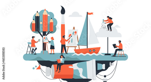 Creative world with artists painting, sculpting, reading, and sailing on a paint tube
