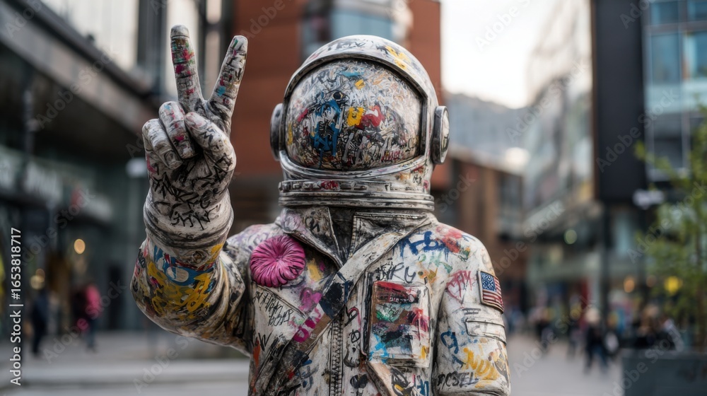 Fototapeta premium A large astronaut sculpture covered in vibrant graffiti stands in a busy urban location, illuminated by evening light, attracting the attention of passersby who admire its artistic expression.
