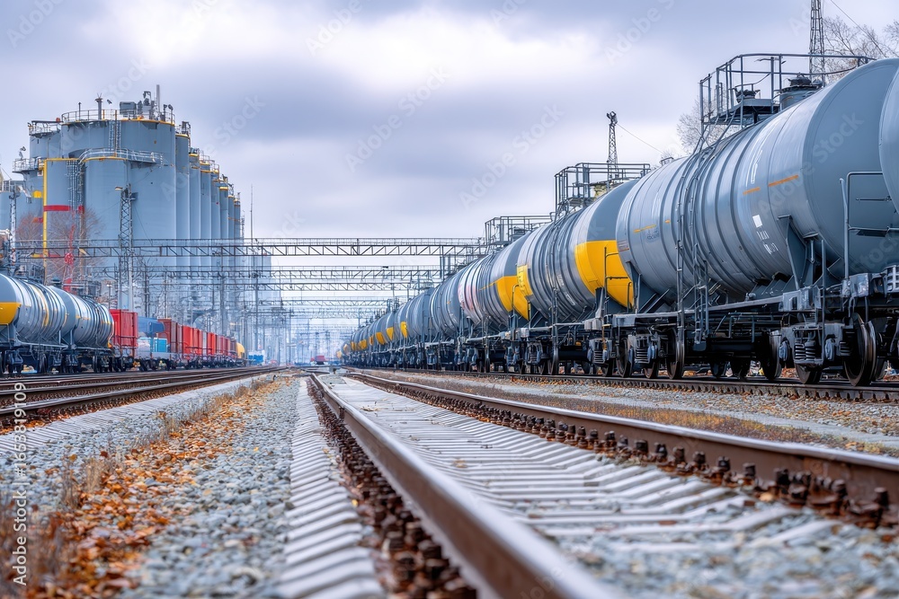 Fototapeta premium Oil And Gas Rail. Crude Oil Storage Tank and Export Facility on Railway Platform