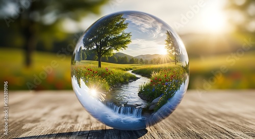 Crystal Sphere Reflecting Nature Landscape with River, Trees, Flowers and Sunlight in Spring Meadow
