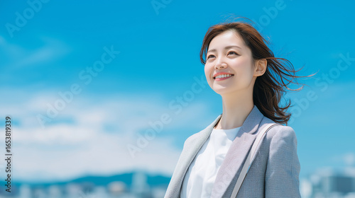 青空の下で都会を背景に立つ爽やかなビジネスウーマン「生成AI」