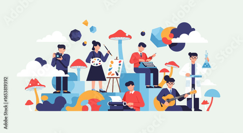 Diverse creative professionals: photographer, artist, writer, musician, and scientist