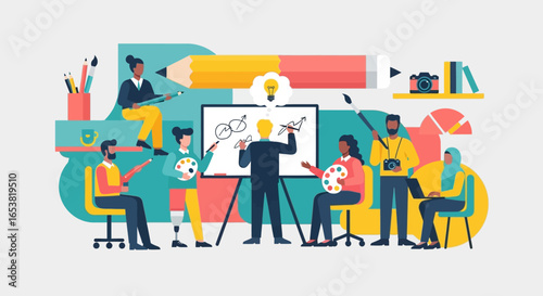 Diverse Creative Team Brainstorming Ideas on a Whiteboard