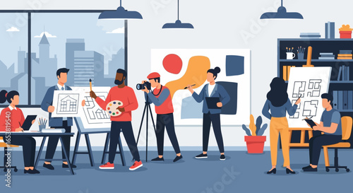 Diverse creative team collaborating on architectural designs and abstract art in a modern studio