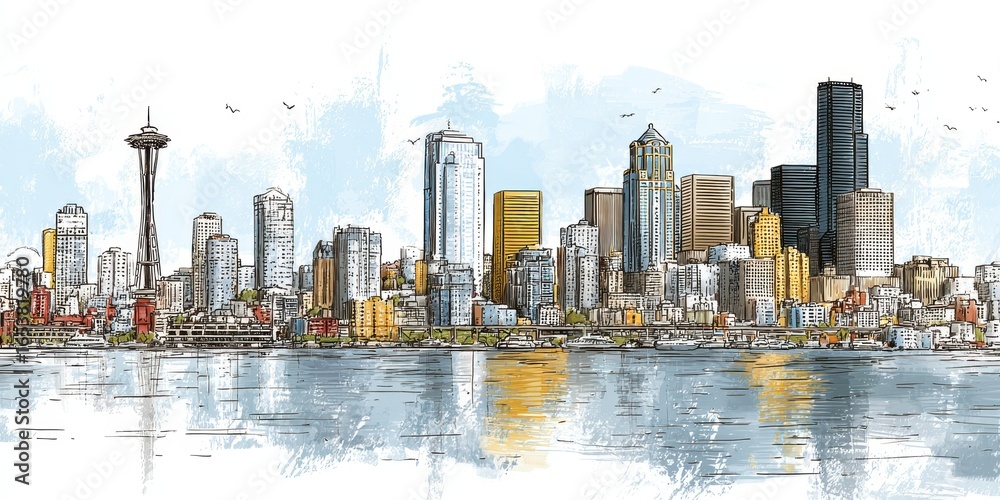 Fototapeta premium Seattle Drawing. Hand-drawn Modern City Skyline with Urban Buildings and Waterfront