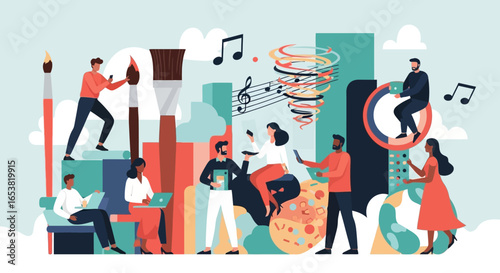 Diverse Group Interacting with Technology, Art, and Music in a Creative Space