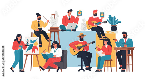Diverse group of artists engaged in various creative activities and artistic pursuits
