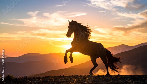 Silhouette of a Horse rearing up against a Golden Sunset Backdrop Over Mountainous Terrain