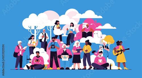 Diverse group of people engaged in various activities with cloud-like shapes