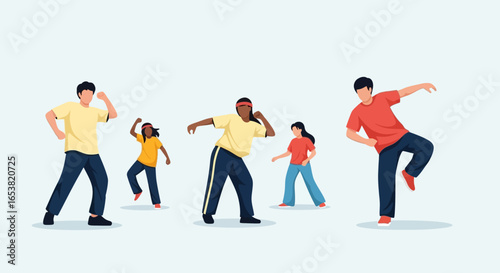 Diverse group of people in dynamic dance poses, wearing casual clothing