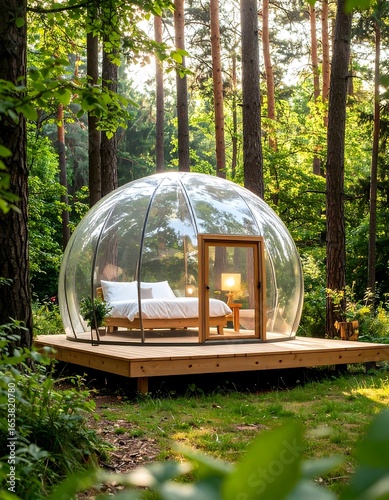 Transparent sphere lodging nestled in a sun-dappled forest