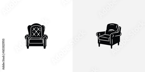 Two vintage armchairs in black and white illustration