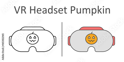 VR Headset with Pumpkin icon — haunted virtual reality goggles with pumpkin design, spooky Halloween tech gadget illustration.