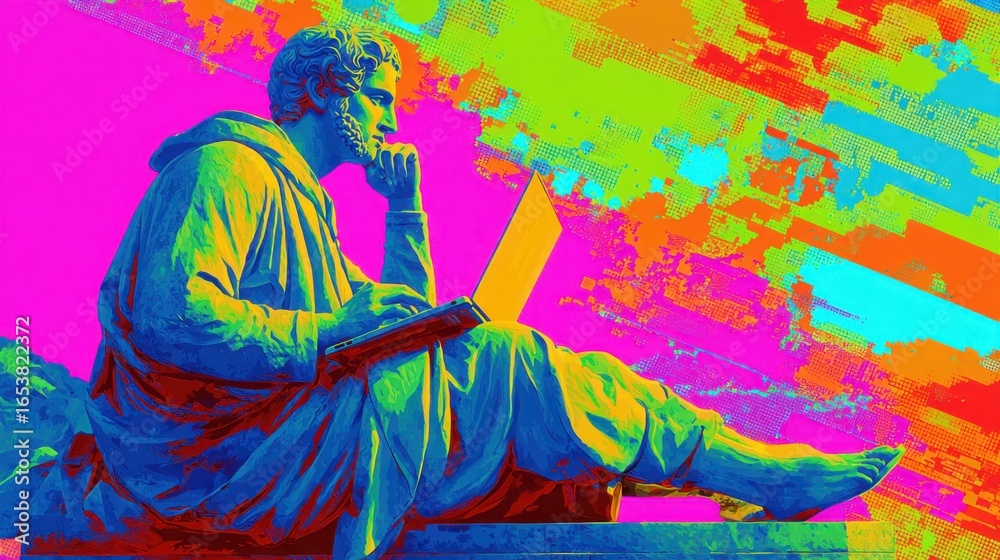 Fototapeta premium A thoughtful figure resembling a philosopher sits cross-legged, typing on a laptop against a vibrant backdrop that blends traditional imagery with modern tech.
