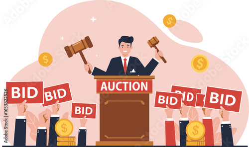 Dynamic auction scene with auctioneer and multiple bidders holding bid signs in a competitive marketplace vector illustration.