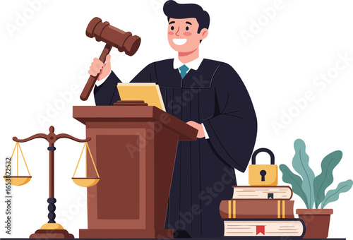 Judge in courtroom holding gavel with justice scale, law books, and security icon in a flat style legal system illustration.