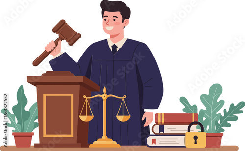 Judge in courtroom holding gavel with justice scale, law books, and security icon in a flat style legal system illustration.