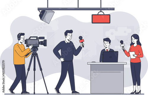 Professional TV news team with cameraman, male reporter, and female presenter in an interview scene vector illustration