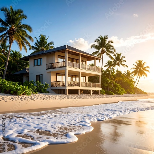 Fototapeta Naklejka Na Ścianę i Meble -  Tropical beach house at sunset (1)