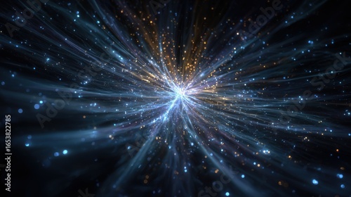 Wallpaper Mural Bright particles and glowing light rays radiate outward from a central point, creating a vibrant cosmic explosion effect in a dark space background. Torontodigital.ca