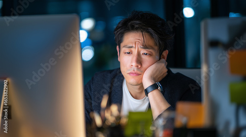 深夜のオフィスで残業に疲れ果てるサラリーマンの姿「生成AI」