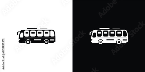 Two stylized bus icons one black white contrast